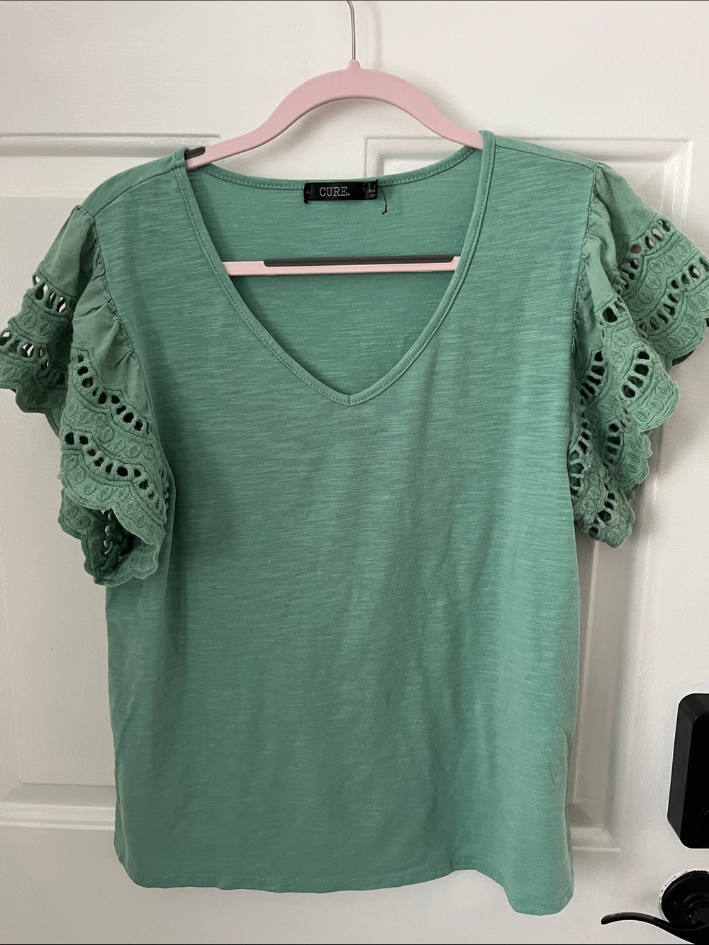 Cure Mint Green V-Neck Tee with Eyelet Ruffle Sleeves